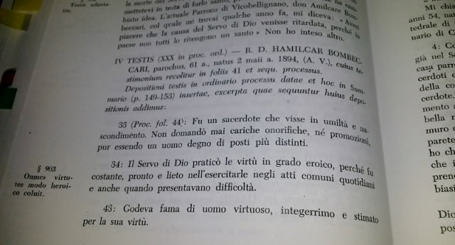 Testimonianza di don Amilcare Bombeccari contenuta nella Positio super Virtutibus di don Vincenzo Grossi