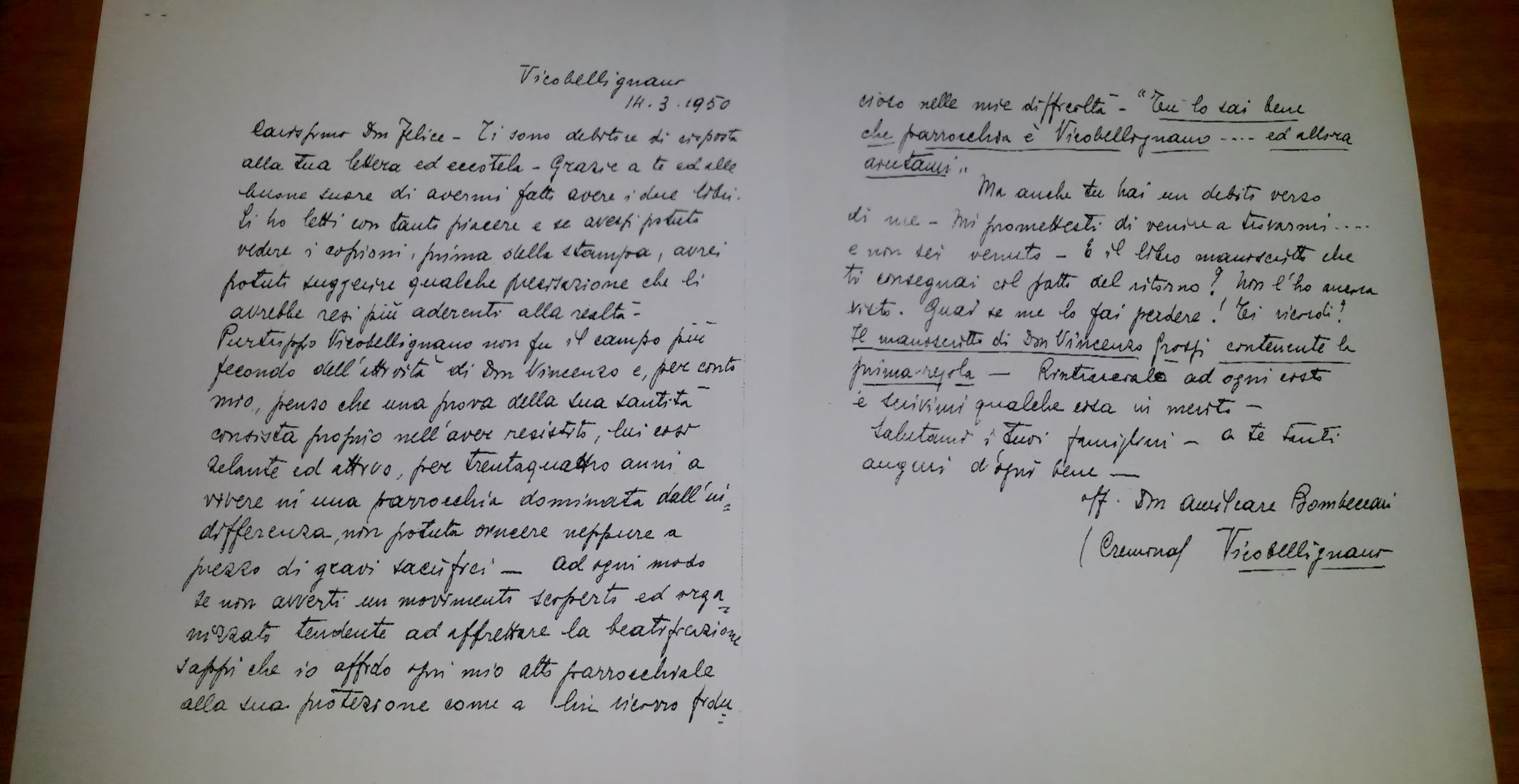 Lettera autografa di don Amilcare Bombeccari a Mons. Felice Patrini sulla santità di don V. Grossi
